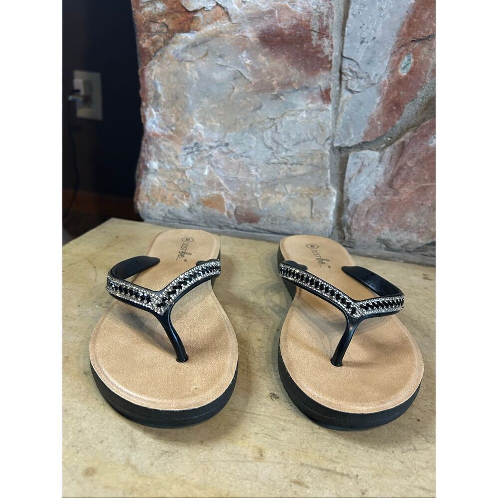 Just Be Rhinestone Bling Wedge Flip Flops Thongs Sandals Women Size 8 Black Tan